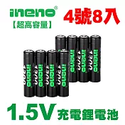 【ineno】4號/AAA 恆壓可充式 1.5V鋰電池 全新特大能量 1300mWh 8入
