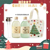 SABON 沐浴油雙瓶聖誕香氛組[沐浴油(500ml)X2+壓頭+聖誕手提包]-聖誕交換禮物-國際航空版 綠玫瑰+茉莉花語