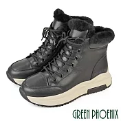 【GREEN PHOENIX】女 短靴 休閒靴 綁帶靴 厚底 真皮 短筒 絨毛 EU36 黑色