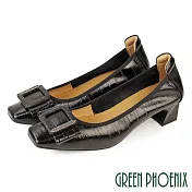 【GREEN PHOENIX】女 跟鞋 粗跟 包鞋 真皮 羊皮 方頭 蝴蝶結 EU38 黑色