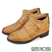 【GREEN PHOENIX】女 短靴 踝靴 粗跟 羊皮 全真皮 短筒 後拉鍊 EU35 棕色