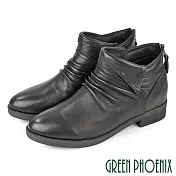 【GREEN PHOENIX】女 短靴 踝靴 粗跟 羊皮 全真皮 短筒 後拉鍊 EU37 黑色