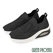 【GREEN PHOENIX】女 休閒鞋 健走鞋 懶人鞋 氣墊 透氣 襪套式 厚底 彈力 紓壓 EU36 黑色