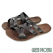 【GREEN PHOENIX】男 拖鞋 平底拖鞋 真皮 交叉 手工 室內 室外 EU39 黑色