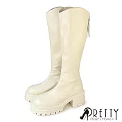 【Pretty】女 長靴 馬靴 騎士靴 厚底 顯瘦貼腿 後拉鍊 EU36 米色