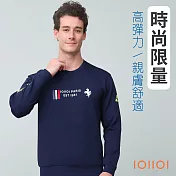 歐洲貴族IOIIOI 長袖彈力圓領T恤 縮口彈力圓領衫 天絲棉 保暖 年輕印花 超柔防皺 M 藍色