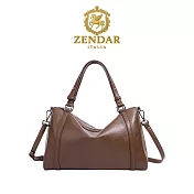 【ZENDAR】台灣總代理 限量1折 頂級小牛皮波士顿包肩背包 保莉娜系列 全新專櫃展示品 咖啡色