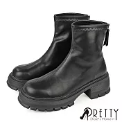 【Pretty】女 加大尺碼 短靴 貼腿靴 機車靴 鋸齒厚底 短筒 拉鍊 JP25.5 黑色