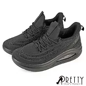 【Pretty】女 休閒鞋 運動鞋 氣墊鞋 健走鞋 厚底 輕量 綁帶 EU36 黑色