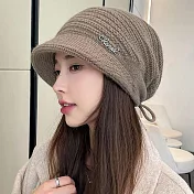 seoul show首爾秀   抽繩鑽標兔毛混紡雙層針織鴨舌帽防寒保暖堆堆帽  深卡其
