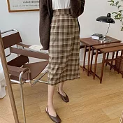 【BJ COLLECTION】日系百搭高腰格紋後開叉A字裙 BJC40007 FREE 奶咖’色