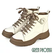 【GREEN PHOENIX】女 休閒鞋 休閒靴 短靴 綁帶 厚底 真皮 JP22.5 卡其色
