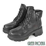 【GREEN PHOENIX】女 短靴 軍靴 馬丁靴 綁帶 厚底 真皮 工裝 JP23 黑色