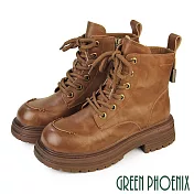 【GREEN PHOENIX】女 短靴 軍靴 馬丁靴 綁帶 厚底 真皮 油蠟 仿舊 JP22.5 棕色