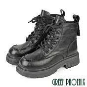 【GREEN PHOENIX】女 短靴 軍靴 馬丁靴 綁帶 厚底 真皮 油蠟 仿舊 JP22.5 黑色