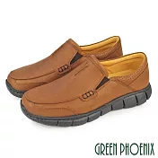 【GREEN PHOENIX】男 休閒鞋 休閒皮鞋 懶人鞋 全真皮 油蠟牛皮 厚底 商務 吸震減壓 台灣製 EU41 咖啡色