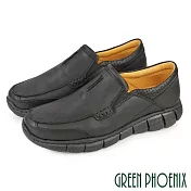 【GREEN PHOENIX】男 休閒鞋 休閒皮鞋 懶人鞋 全真皮 油蠟牛皮 厚底 商務 吸震減壓 台灣製 EU39 黑色