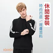 IOIIOI歐洲貴族 長袖圓領衫 T恤 套裝上衣 特色織帶 速乾布料 M 黑色