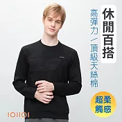 IOIIOI歐洲貴族 長袖圓領衫 T恤 胸前迷彩渲染工藝 舒適好穿天絲棉  M 黑色