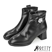 【Pretty】女 短靴 粗跟 中跟 拉鍊 百搭 氣質 顯瘦 小方頭 JP23 黑色
