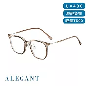 【ALEGANT】百搭質感TR90輕量方框金屬鏡腳UV400濾藍光眼鏡 晶映棕