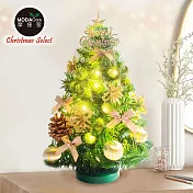 摩達客-台灣製1尺30cm精緻綠色聖誕樹+聖誕花金系裝飾品組_免組裝+20燈LED銅線燈串暖白光-USB電池盒兩用