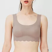 日本【GUNZE郡是】Fitte 新款 無痕無縫 服貼不緊勒 W支撐 無鋼圈胸罩 下擺花邊 L 面紗褐