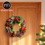 摩達客10吋冬雪系小紅莓刷白松果質感聖誕花圈福臨圈+20燈LED暖白光燈串_本島免運費