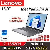 ★全面升級★【Lenovo】聯想 IdeaPad Slim 3i 15IRH10 15.6吋 二年保固 i7-13620H/8G+8G/512G+512G/W11/月光灰