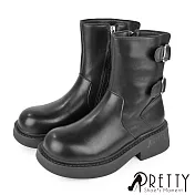 【Pretty】女 短靴 馬靴 機車靴 厚底 側拉鍊 JP23 黑色