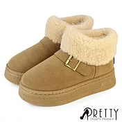 【Pretty】女 雪靴 短靴 厚刷毛 鋪毛 絨毛 保暖 厚底 EU37 卡其色