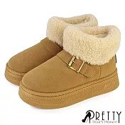 【Pretty】女 雪靴 短靴 厚刷毛 鋪毛 絨毛 保暖 厚底 EU36 駱駝色