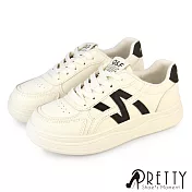 【Pretty】女 休閒鞋 小白鞋 厚底 綁帶 顯瘦 EU36 黑色