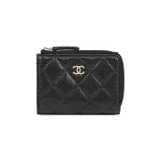 CHANEL 淡金釦菱格紋牛皮拉鍊零錢袋三折短夾_展示品 (黑色)