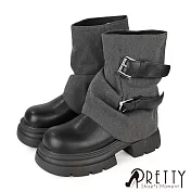 【Pretty】女 中筒靴 堆堆靴 皺皺靴 褲管靴 鯊魚靴 厚底 皮帶釦 JP23 黑色