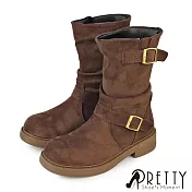【Pretty】女 中筒靴 貼腿靴 機車靴 騎士靴 厚底 抓皺 皮帶釦 JP23 咖啡色