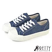 【Pretty】女 帆布鞋 休閒鞋 餅乾鞋 貝殼鞋 奶油頭 綁帶 復古 台灣製 JP23 牛仔色