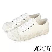 【Pretty】女 帆布鞋 休閒鞋 餅乾鞋 貝殼鞋 奶油頭 綁帶 復古 台灣製 JP23 白色