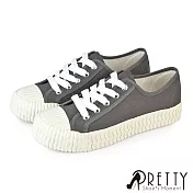 【Pretty】女 帆布鞋 休閒鞋 餅乾鞋 貝殼鞋 奶油頭 綁帶 復古 台灣製 JP23 灰色