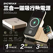 【SHOWHAN】磁吸三用 旋轉支架 無線充行動電源 5000mAh(支援手錶/AirPods/手機充電) 沙漠金