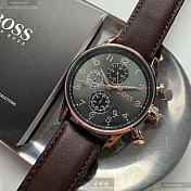 BOSS伯斯精品錶,編號：HB1513496,44mm圓形玫瑰金精鋼錶殼黑色錶盤真皮皮革咖啡色錶帶