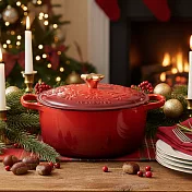 Le Creuset 典藏圓形鑄鐵鍋 24cm 4.2L 法國製 湯鍋 燉鍋 (電磁爐 IH爐可用) 歡樂耶誕系列  櫻桃紅 星型金頭