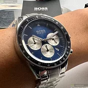 BOSS伯斯精品錶,編號：HB1513630,44mm圓形銀精鋼錶殼寶藍色錶盤精鋼銀色錶帶