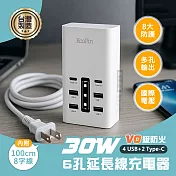 KooPin 30W快充 4USB+2Type-C 六孔延長線充電器 全球電壓 台灣製造