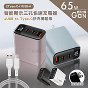 Wephone 極致美學 65W氮化鎵Gan 智能顯示三孔快速充電器+USB to Type-C 耐拉編織充電線(100CM) 雪霜白+線