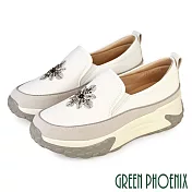 【GREEN PHOENIX】女 休閒鞋 懶人鞋 厚底 彈力 紓壓 直套式 真皮 輕量 工藝風 EU36 白色