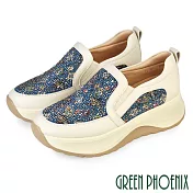 【GREEN PHOENIX】女 休閒鞋 懶人鞋 厚底 彈力 紓壓 直套式 真皮 輕量 混彩 織紋 EU35 藍色
