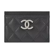 CHANEL 新款水鑽經典logo菱格紋小牛皮卡片夾- 黑