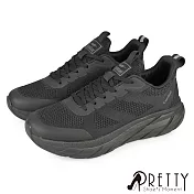 【Pretty】男 運動鞋 休閒鞋 健走鞋 輕量 透氣 彈力厚底 飛編 EU40 全黑色