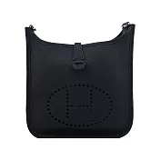 Hermes 愛馬仕 Evelyne 23cm H LOGO牛皮布款背帶斜/肩背包- 黑銀/K刻